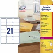 Laseretiket, Avery, L7560-25 63.50mmx38.10mm transparent antal etiketter pr. ark : 21 pakke med 525