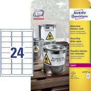 Laseretiket, Avery, L4773-20 Vejrbestandig 63.50mmx33.80mm hvid, antal etiketter pr. ark : 24 pakke