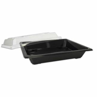 Plastbakke, mellem,215x147x25mm A-PET, sort, Sushi, karton a 300 stk F&oslash;devaregodkendt