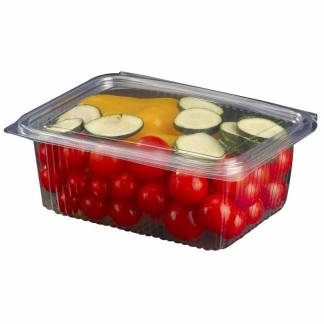 Plastbakke, m/h&aelig;ngslet l&aring;g,182x142x70mm PET, transparent, karton a 400 stk F&oslash;devaregodkendt