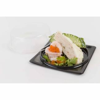 Plastbakke, W/transparent lid,120x120 x40mm PS, sort, Tapas, karton a 30 stk F&oslash;devaregodkendt