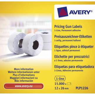 Prisetiket, Avery, PLP1226, 1 linje 26x12mm hvid, antal etiketter pr. ark : 1500 rulle a 15000 etike