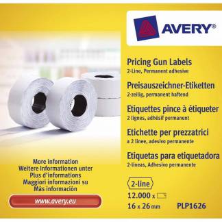 Prisetiket, Avery, PLP1626, 2 linjer 26x16mm hvid, antal etiketter pr. ark : 1200 rulle a 1200 etike