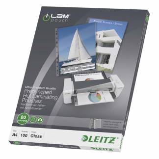 Lamineringslomme, Leitz, 80&micro;m, A4, 229 x303mm transparent  pakke a 100 stk