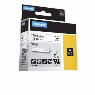 Labeltape, Dymo Rhino, 18444, vinyl 12mmx5.50m hvid/sort