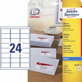 Etiket, Avery, J8159-25, Inkjet 63.50mmx33.90mm hvid, antal etiketter pr. ark : 24 pakke med 600 stk