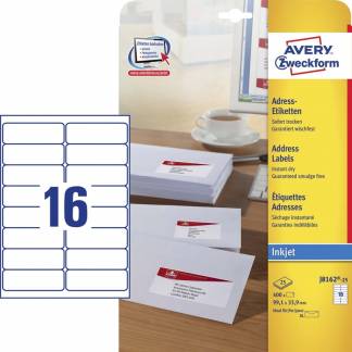 Etiket, Avery, J8162-25, Inkjet 99.10mmx33.90mm hvid, antal etiketter pr. ark : 16 pakke a 400 stk,