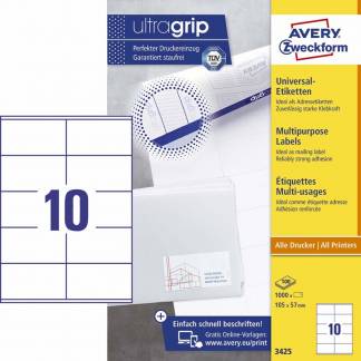 Universeletiket, Avery, 3425 105x57mm hvid, antal etiketter pr. ark : 10 pakke a 1000 stk, FSC Mix C