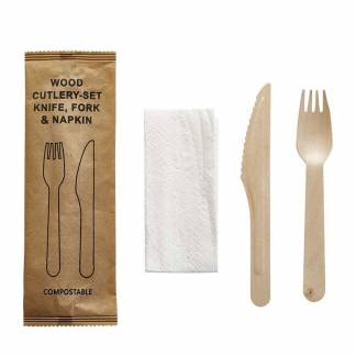 Tr&aelig;bestik, tr&aelig;, tr&aelig;, Cutlery set Pakke med 500 s&aelig;t, palle a 35 kartoner Knife/Fork/Napkin, F&oslash;devareg