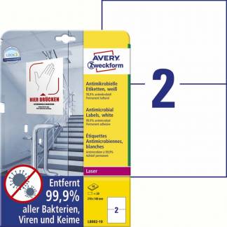 Laseretiket, Avery, L8002-10 210x148mm hvid, antal etiketter pr. ark : 2 pakke a 20 stk