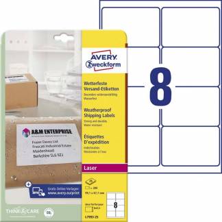 Laseretiket, Avery, L7993-25 Vejrbestandig 99.10mmx67.70mm hvid, antal etiketter pr. ark : 8 pakke a