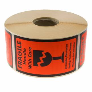 Etiketter, Etiket Adhesive Fragile, Handle with care 70x120mm hvid/r&oslash;d, rulle a 1000 etiketter