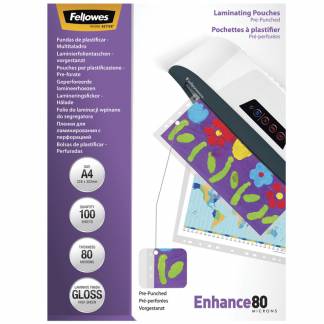 Lamineringslomme, Fellowes Filex, 80&micro;m Gloss, A4 med multihuller 228x303mm transparent  pakke a 100