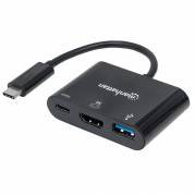 Manhattan USB-C Dock/Hub - Ports (x3)  HDMI, USB-A and USB-C, With Power Delivery to USB-C Port, Cable 8cm, Black, Three Year Warranty, Blister Dockingstation