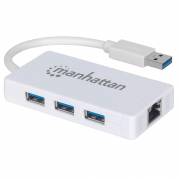 Manhattan USB-A 3-Port Hub   Adapter, 3x USB-A Ports, 5 Gbps (USB 3.2 Gen1 aka USB 3.0), 1x   Mbps network, RJ45, SuperSpeed USB, White, Three Year Warranty, Blister Hub 3 porte USB