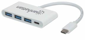 Manhattan USB-C 4-Port Hub/Dock/Converter, USB-C to USB-C ( Power Delivery) and 3x USB Type-A, 5 Gbps (USB 3.2 Gen1 aka USB 3.0), Male to Females, SuperSpeed USB, White, Three Year Warranty, Blister Hub 3 porte USB