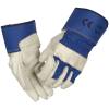 Oksehudshandske, ODIN, 9, bl&aring;, bomuld/oksel&aelig;der, rigger, 8 cm gummieret manchet