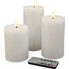 LED-bloklys, &Oslash;7,5cm, hvid, plast, s&aelig;t &aacute; 3 stk., pulserende flamme, 10/12,5/15 cm i h&oslash;jden, m. fjernbetjening. *Denne vare tages ikke retur*