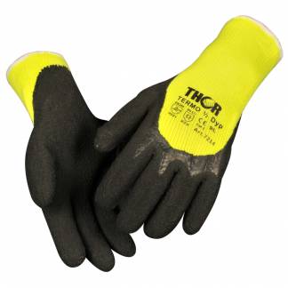 Halvdyppet latexhandske, THOR Grip Termo, 11, sort, polyester/bomuld/latex, med gul ribkant