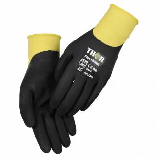 Heldyppet latexhandske, THOR Flex Heldyp, 11, sort, polyester/latex, med gul ribkant *Denne vare tages ikke retur*