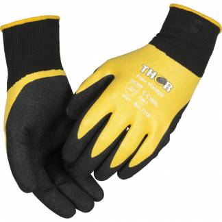Heldyppet nitrilhandske, THOR Flex Heldyp, 10, sort, nylon/lycra/nitril, med gul ribkant