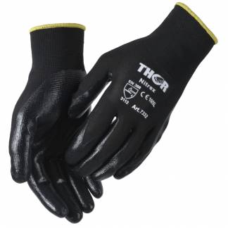 Fingerdyppet nitrilhandske, THOR Nitrex, 8, sort, polyester/nitril, ribkant