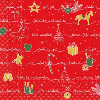 Middagsserviet, Juleserviet, 3-lags, 1/4 fold, 40x40cm, r&oslash;d, nyfiber