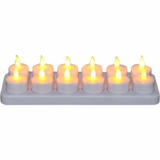 LED fyrfadslys, 4,9cm, &Oslash;3,9cm, hvid, plast, med pulserende flamme, genopladeligt s&aelig;t med 12 lys, inklusiv oplader
