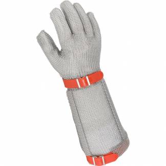 Brynjehandske, Niroflex Easyfit, M, r&oslash;d, st&aring;l, med manchet, med strammeb&aring;nd