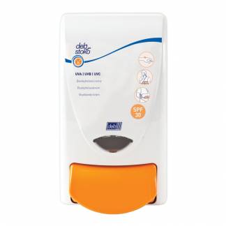 Dispenser, Deb Stoko Sun Protect, 1000 ml, hvid, plast, manuel, med orange knap,1,0 ml pr. dosering *Denne vare tages ikke retur*