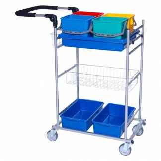 Reng&oslash;ringsvogn, Tina Trolleys ERGO, 700x440x1080mm, s&oslash;lv, pulverlakeret st&aring;l, til kopsystem, med tilbeh&oslash;r *Denne vare tages ikke retur*