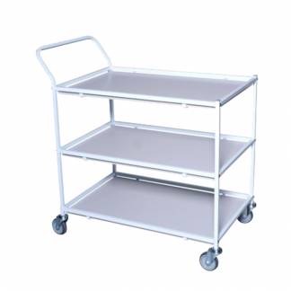Rullebord, Tina Trolleys, 1070x600x1070mm, hvid, pulverlakeret st&aring;l, med styr, 3 hylder, slingrekant, stor *Denne vare tages ikke retur*