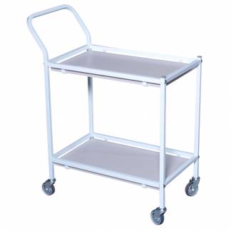 Rullebord, Tina Trolleys, 750x390x920mm, hvid, pulverlakeret st&aring;l, med styr, 2 hylder, slingrekant, lille *Denne vare tages ikke retur*