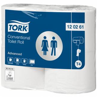 Toiletpapir, Tork T4 Advanced, 2-lags, 68,3m x 9,9cm, &Atilde;&tilde;12cm, hvid, 100% genbrugspapir
