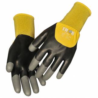 Halvdyppet latexhandske, THOR Flex Dry, 10, sort, polyester/latex/nitril, med gul ribkant