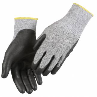 Sk&aelig;reh&aelig;mmende strikhandske, ABENA CUT 5, 8, gr&aring;, HPPE/glasfiber/PU, ribkant, dyneema *Denne vare tages ikke retur*