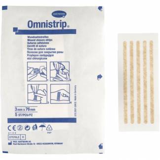 Suturtape, Omnistrip, 76x3mm, beige, nonwoven/PA/polyester, let elastisk, ark á 5 strips, latexfri, steril, engangs *Denne vare tages ikke retur*