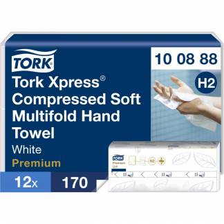 H&aring;ndkl&aelig;deark, Tork Xpress H2 Premium, 2-lags, W-fold, 32x21,2cm, 8 cm, hvid, nyfiber, komprimeret