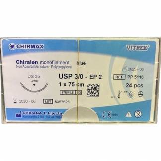 Sutur, Chiralen Monofilament, 75cm, bl&aring;, USP 3/0, DS 25mm, non-resorberbar, steril, engangs