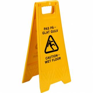 Advarselsskilt, 60x30cm, gul, plast, 2-sidet, med tekst "Pas p&aring; - Glat gulv"