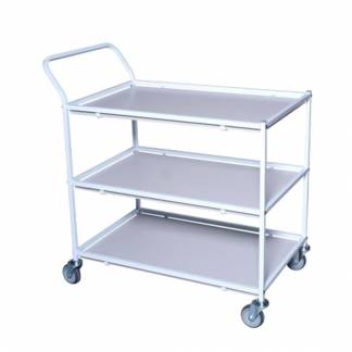 Rullebord, Tina Trolleys, 1070x600x1070mm, hvid, pulverlakeret stål, med styr, 3 hylder, slingrekant, stor *Denne vare tages ikke retur*