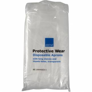 Engangs&aelig;rmeforkl&aelig;de med tommelfingerhuller, ABENA, 120x112cm, 30 micron, transparent, LDPE, enkeltforpakket, usteril, engangs