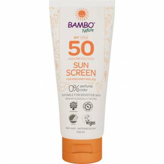 Sollotion, Bambo Nature, 100 ml, SPF 50, uden farve og parfume, 23% fedt, SCA til længere ophold i solen