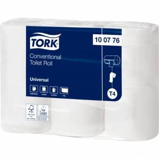 Toiletpapir, Tork T4 Universal, 1-lags, 50,4m x 9,9cm , Ø10,4cm, ubleget, genanvendt papir