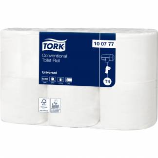 Toiletpapir, Tork T4 Universal, 2-lags, 44,8m x 9,9cm , Ø12cm, ubleget, genanvendt papir