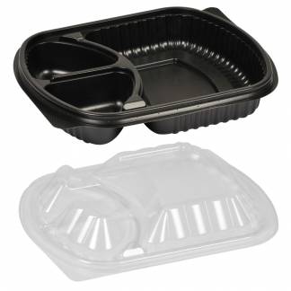 Plastbakke, 25,5x19x4,5cm, 1250 ml, 1036 ml, sort, PP, 3-rums, 678/179/179 ml, take away