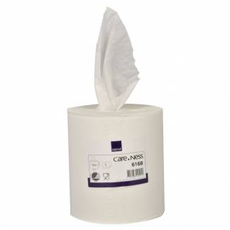 Håndklæderulle, ABENA Care-Ness Excellent, 1-lags, Midi, 320m x 20cm , Ø18,5cm, hvid, nyfiber, uden hylse