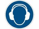 Advarselsklistermærke Anvend hørebeskyttelse Ø43cm 0,4mm blå/hvid