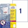 Laseretiket, Avery, 687818 210x297mm hvid, antal etiketter pr. ark : 1 pakke a 10 stk
