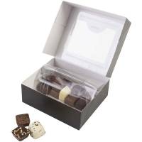 Kage&aelig;ske, Design 2153,125x125x50mm Pap, sort, Chocolate box with window pakke a 200 stk F&oslash;devaregodkendt